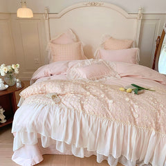 Yickyue Vintage French Style 600TC Egyptian Cotton Bedding Set with Lace + Nail Beads Soft Duvet Cover Set 4Pcs (Queen King Size,Pink)