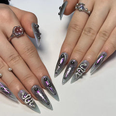 YICKYUE  -  Punk Style Fake Nails Cool Pointed y2k Snake Diamond False Nail Patch for Girl Women Wearable Press on Nails New Year Gifts