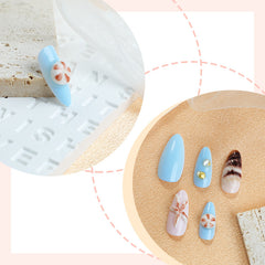 YICKYUE  -  24pcs 3D Sea Shells Decor Fake Nails Ins Blue Sea Starfish Press on Nails Full Cover Wearable French Almond False Nail Tips