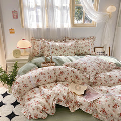 Yickyue 100% Cotton Vintage French Country Small Floral Bedding Set Ruffled Edges Flower Pattern Duvet Cover Set Bed Sheet Pillowcases