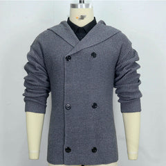 Hearujoy Autumn Winter Men Double Breasted knitted Hoodie Jacket Vintage Grey Hooded Sweater Oversized  Knit Cardigan Casual Knitwear