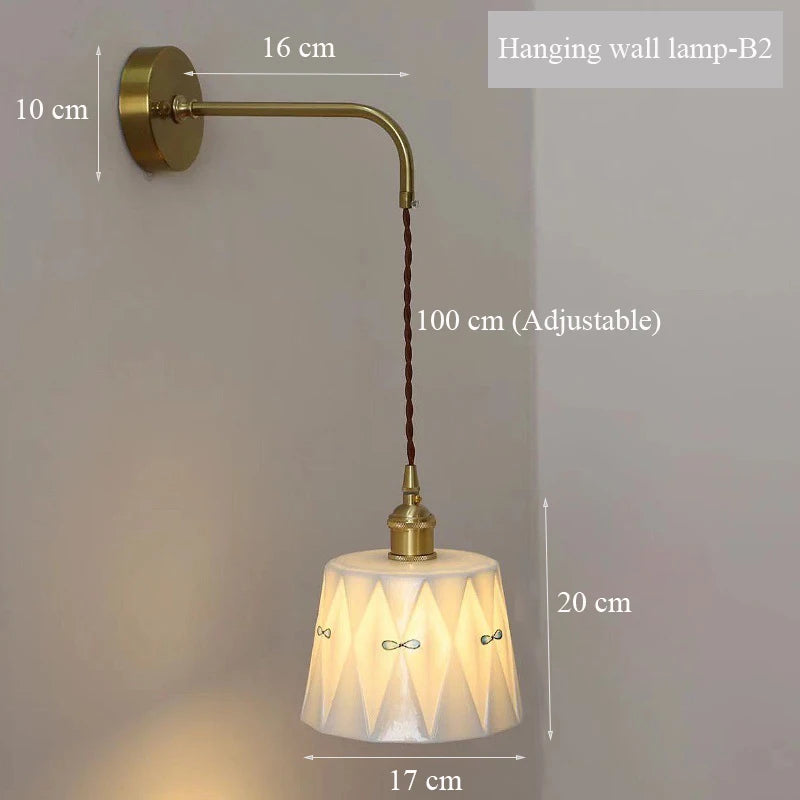 YICKYUE  -  Japanese Retro Wall Lamp with Pull Switch Modern Simple Bedroom Bedside Lamp Wooden American Brass Glass Wall Lights