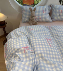 YICKYUE  -  Fashion lovely blue plaid bow bedding set 1.2 1.5 1.8,twin full queen sweet cotton home textile bed sheet pillowcase quilt cover