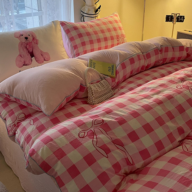YICKYUE  -  Check pattern print Bedding Set For adults kids Blue pink Flat  fitted Sheet With Pillowcases Colorful King Queen Full size