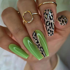 YICKYUE  -  Sexy Dark Green Black Leopard Print Long Square Fake Nail Art Glossy Detachable Finished False Nail Tip Press on Nail with Glue