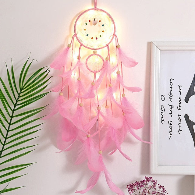 2022 Wall Dream Catcher Led Handmade Feather Braided Wind Chimes Art For Room Decoration Hanging Home Christmas Decor Poster
