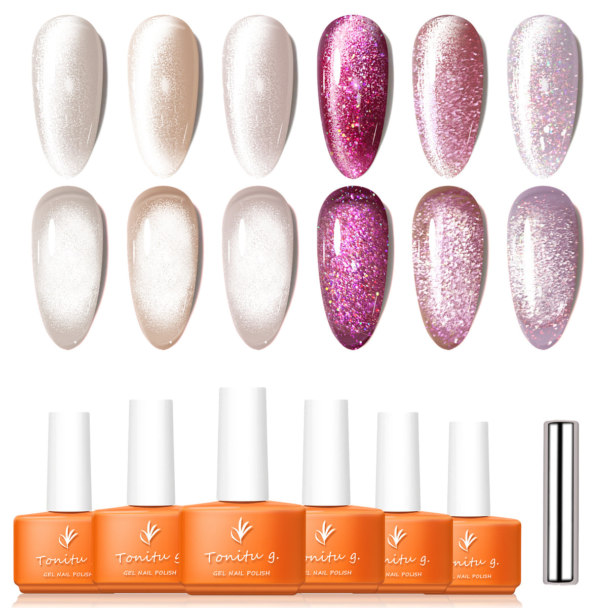 YICKYUE  Cat Eye Nail Gel Set,Holographic Magnetic Gel Polish,Soak Off UV/LED 6 Colors Nail Art Kit with Magnet Stick,for Manicure Salon
