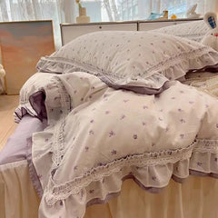 Yickyue 100%Cotton Purple Floral Bedding set 150X200cm/180X200cm Bedskirt Pillowcases Exquisite Ruffle Duvet cover 4Pcs set