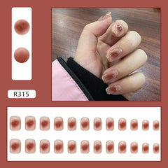24Pcs/Box Short Ballet Wearable Fake Nails Smudge Blush Press on Square Head Full Cover Detachable Finished Fingernails