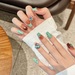 YICKYUE  -  10pcs Handmade Fake Nails French Green Wave Point With Rhinestone Artificial Nails Full Cover Press On Nail Short Ballet
