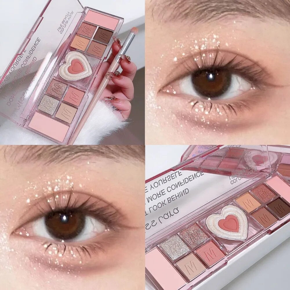 YICKYUE  -  12 Colors Pink Eyeshadow Palette Pearly Matte Glitter Highly Pigmented Rouge Tray Brightening Love Heart Eyes Makeup Tools