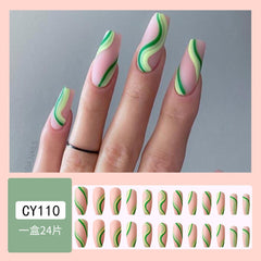Yickyue 24Pcs White Black Short False Nails with Wave Line Rhinestone Design Detachable Press on Nails Acrylic Full Cover Nail Art Tips
