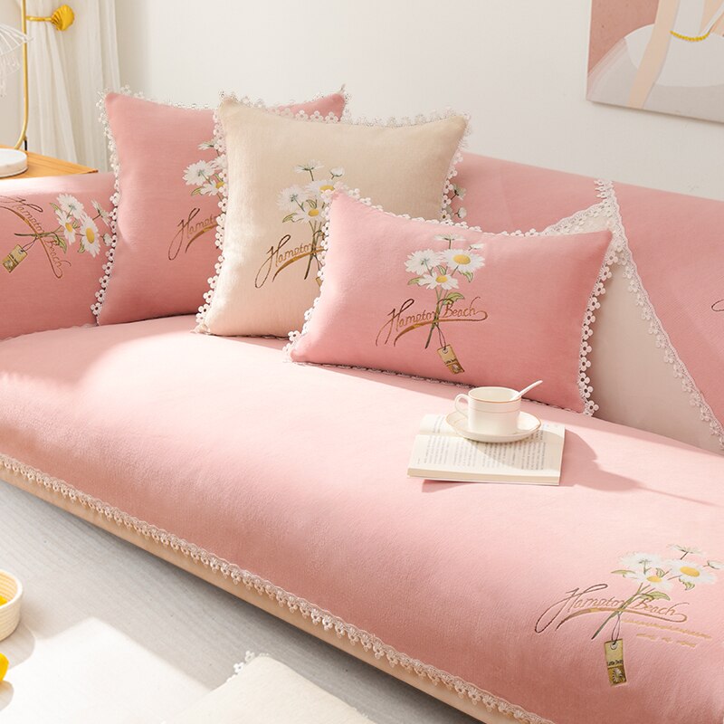 Yickyue Korean Pink Sofa Covers with Lace Floral Couch Sofa Cover Thicken Chenille Slip Cover Non Slip Sectional Sofa Towels Home Decor