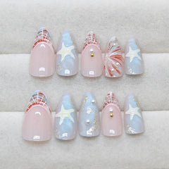 YICKYUE  -  24pcs 3D Starfish Fake Nails Sweet Cool Ins Blue Ocean False Nails Wearable Full Cover French Long Almond Head Press on Nails