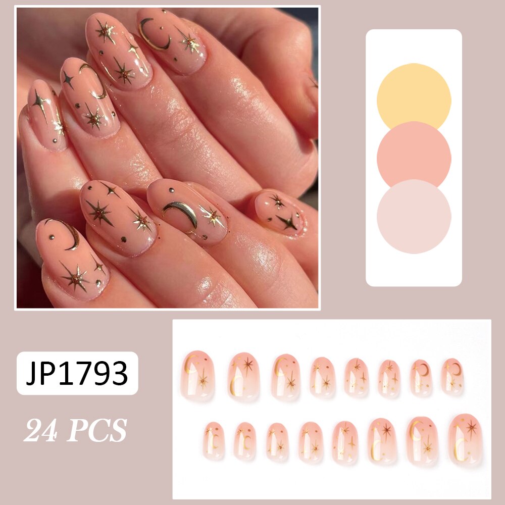 24PCS Stars and Moon Pattern Fake Nails Round Head Short Style Press on Nail Tips Wearable Full Cover Artificial Acrylic Nails