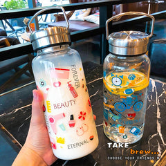 Yickyue 1000ml Fashion Graffiti Glass Water Bottle Adult Sport Large Capacity Transparent Space Cup Portable Tea Strainer Filter Bottles