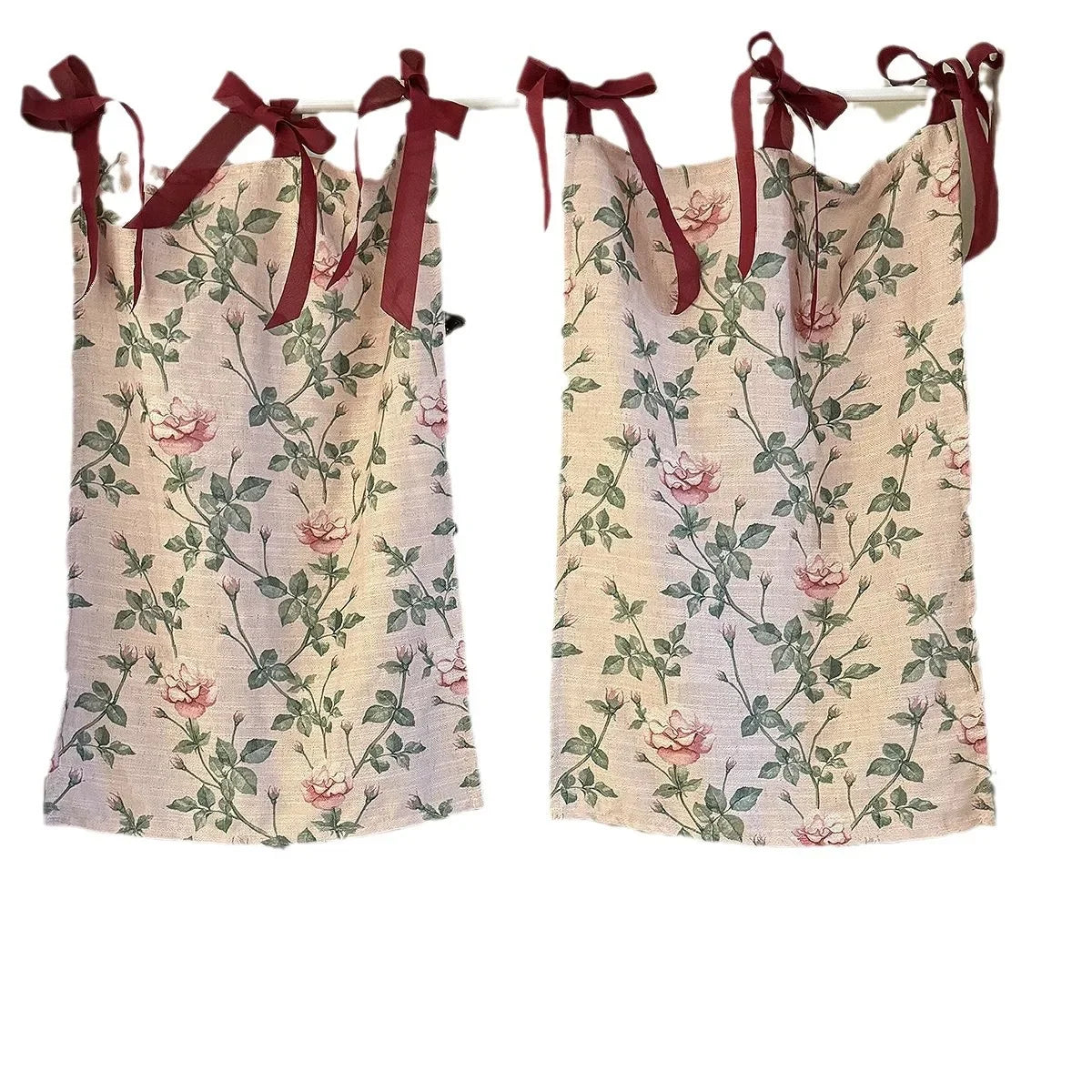 YICKYUE  -  2PC/lot Rose Pattern Door Curtains Printed Light Pink Imitation Linen Short Curtains Cafe Kitchen Cabinet Valance Home Decor