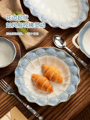 YICKYUE  -  French Vintage  Household Vegetable Relief Dining Plate Ceramic Soup  Premium Steamed Fish  Light Luxury Disc Plate
