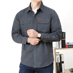 Hearujoy Vintage Men's 100% Cotton Shirt Safari Style Multi-pocket Lapel Top Spring Autumn Long Sleeve Youth Loose Shirts Plus Size M-6XL