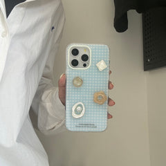 YICKYUE  -  Korean Ins Blue grid pattern 3D Gemstone Pearl Flower Bracelet Phone Case for iPhone 16 15 14 13 Pro Max Back Cover Fund