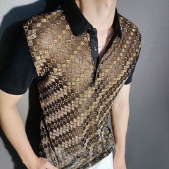 YICKYUE  -  Black Gold Abstract Pattern Lace Sexy Polo See Quality Men Through Social Club Luxe Transparent Shirt Summer Short Sleeve Polo