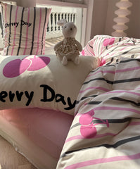 YICKYUE  -  Sweet cute pastoral cherry bedding set,twin full queen cotton pink black stripes home textile bed sheet pillow case quilt cover