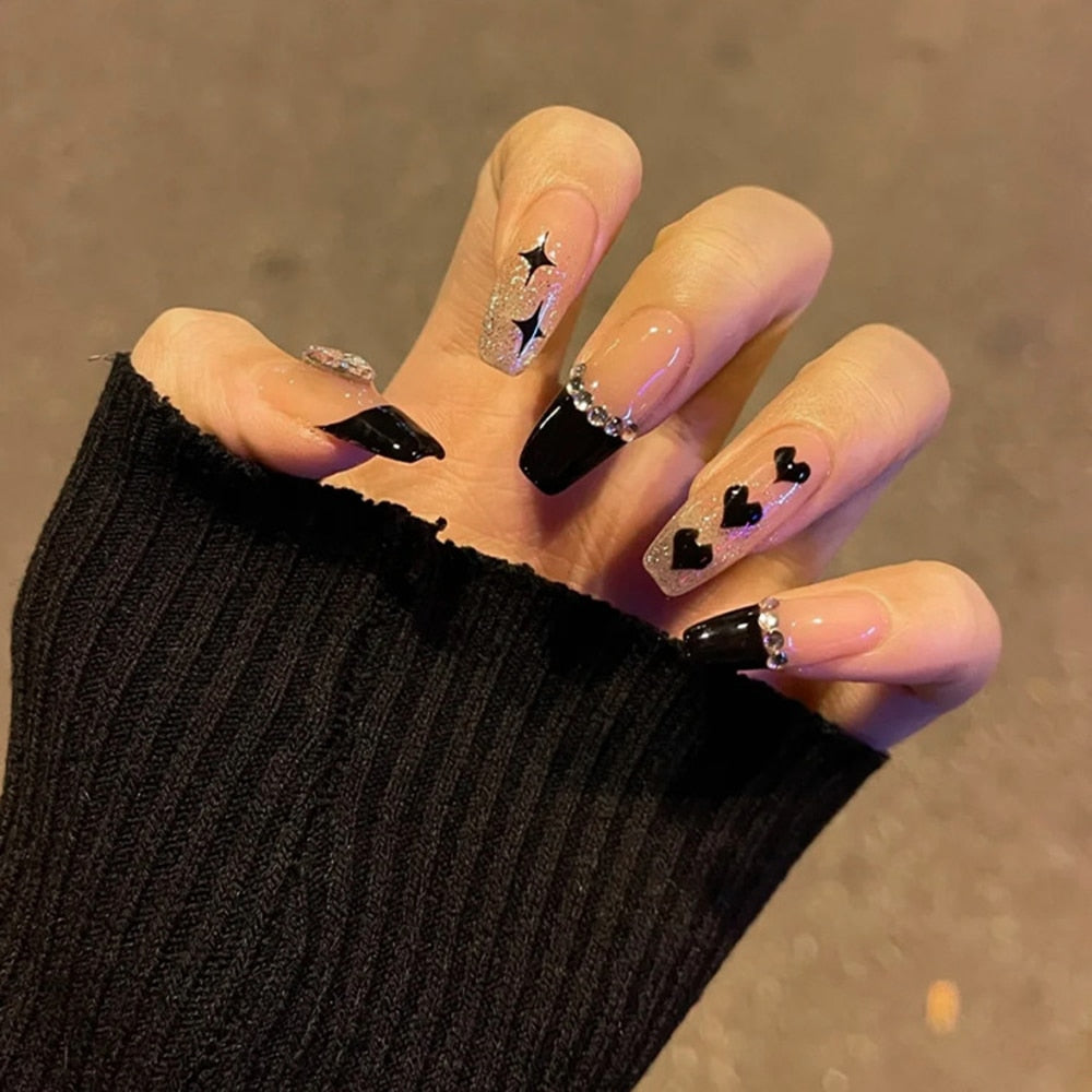 24PCS Glitter Nails Set Press On With Adhesive Strips Korean Cute Black Heart Design Fake Nails Full Coverage Nails for girls