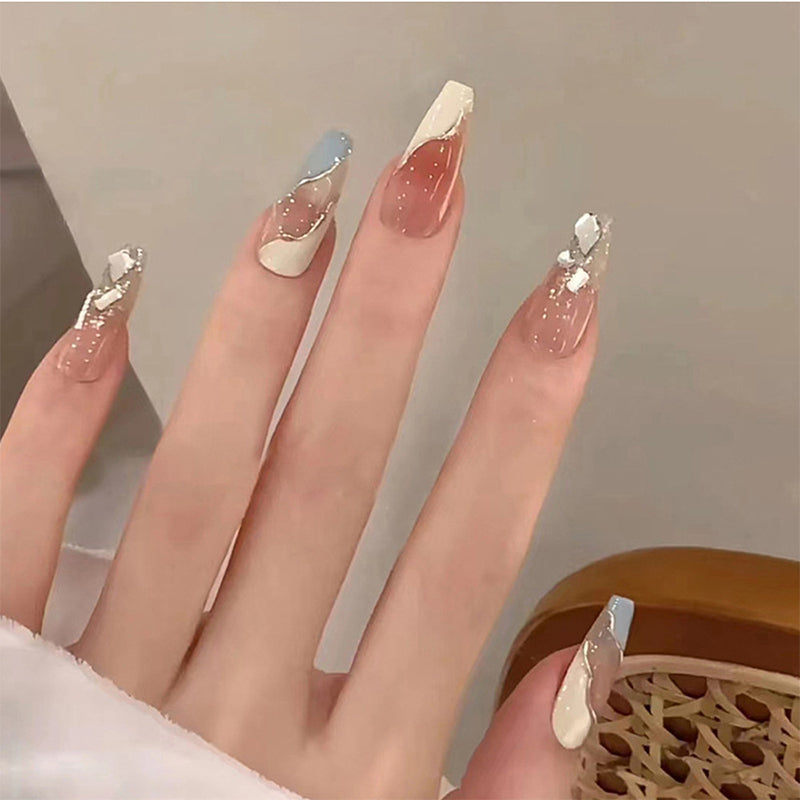 YICKYUE  -  Blue and White Handdrawn Lines Press on Nails Wearable Nail Silver Edge with Diamonds Ninimalist Fake Nail Free Toolkit