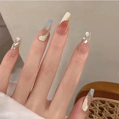 YICKYUE  -  Blue and White Handdrawn Lines Press on Nails Wearable Nail Silver Edge with Diamonds Ninimalist Fake Nail Free Toolkit