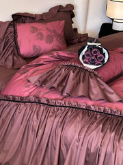 Yickyue Autumn and Winter French Vintage Brushed Cotton Bedding Sets, Pure Cotton, Red Quilt Cover, Four Piece Wedding Set with Ruffles
