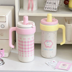 YICKYUE  -  Kawaii Insulated Water Bottle With Straw Handle Infuser Cute Stainless Steel Leak Proof Tumbler Coffee Tea Juice Women Thermos