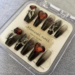 YICKYUE -  Black Gradient Metal Rose Wearable Fake nails Handmade Love Heart Irhinestone Art False Nail Patches Medium Long T Removable