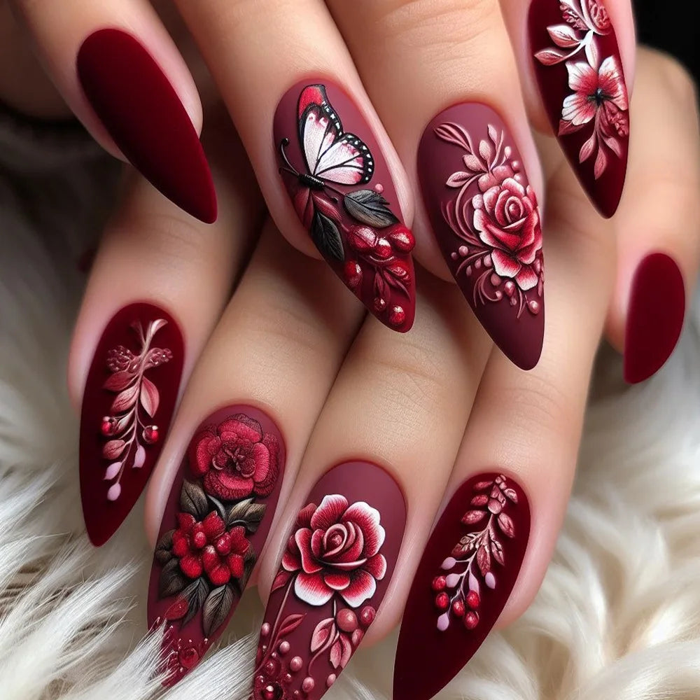 YICKYUE  -  24pcs Chinese Wintersweet Press on Nails Black White Dot Printed Fake Nail Tips for Girl Women Wearable Long Almond False Nails
