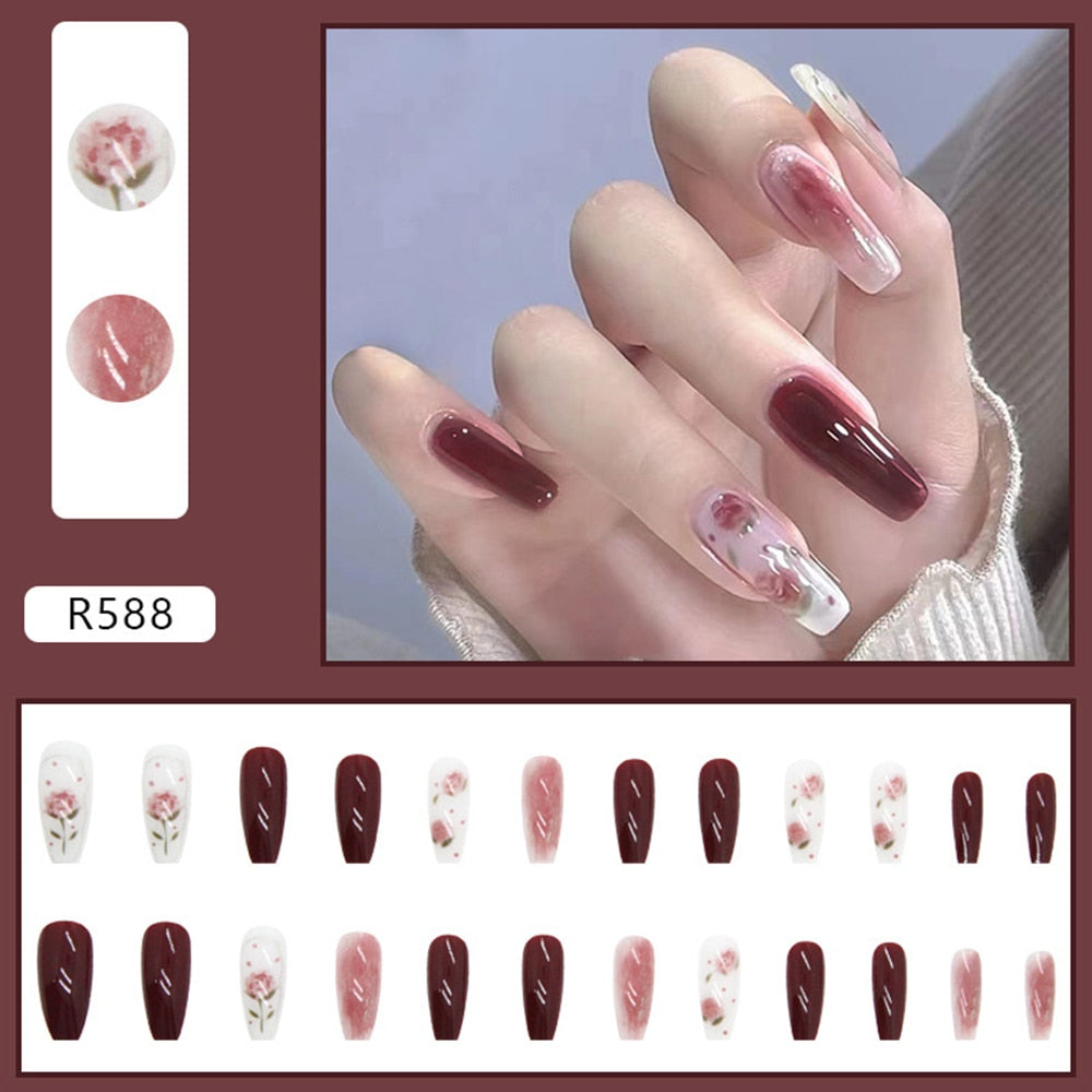 24pcs Long Coffin Ballet Fake Nails Red Rose Pattern Artificial Nail Black Style Gradient Color False Nail Patches For Girl