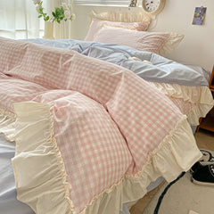 YICKYUE  -  Korean Princess Style Washed Cotton Soft Bedding Set Pink Blue Black Green Lattice Lace Ruffles Duvet Cover Set With Pillowcases