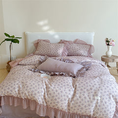 YICKYUE  -  Vintage French Floral Lace Ruffles Bedding Set 100% Cotton Double Layer Yarn Duvet Cover Flat/Fitted Bed Sheet Pillowcases 4Pcs
