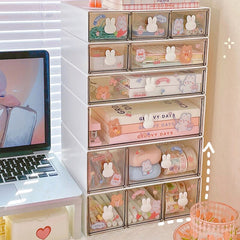 Cute Desk Organizer Drawer With Sticker Kawaii Plastic Office Table Organizer Stationery Storage Box Container For Home School