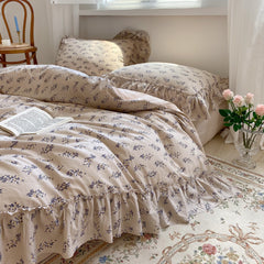 Yickyue 100% Cotton French Vintage Pastoral Princess Landscape Printed Bedding Set Romantic Ruffle Duvet Cover Set Bed Sheet Pillowcases