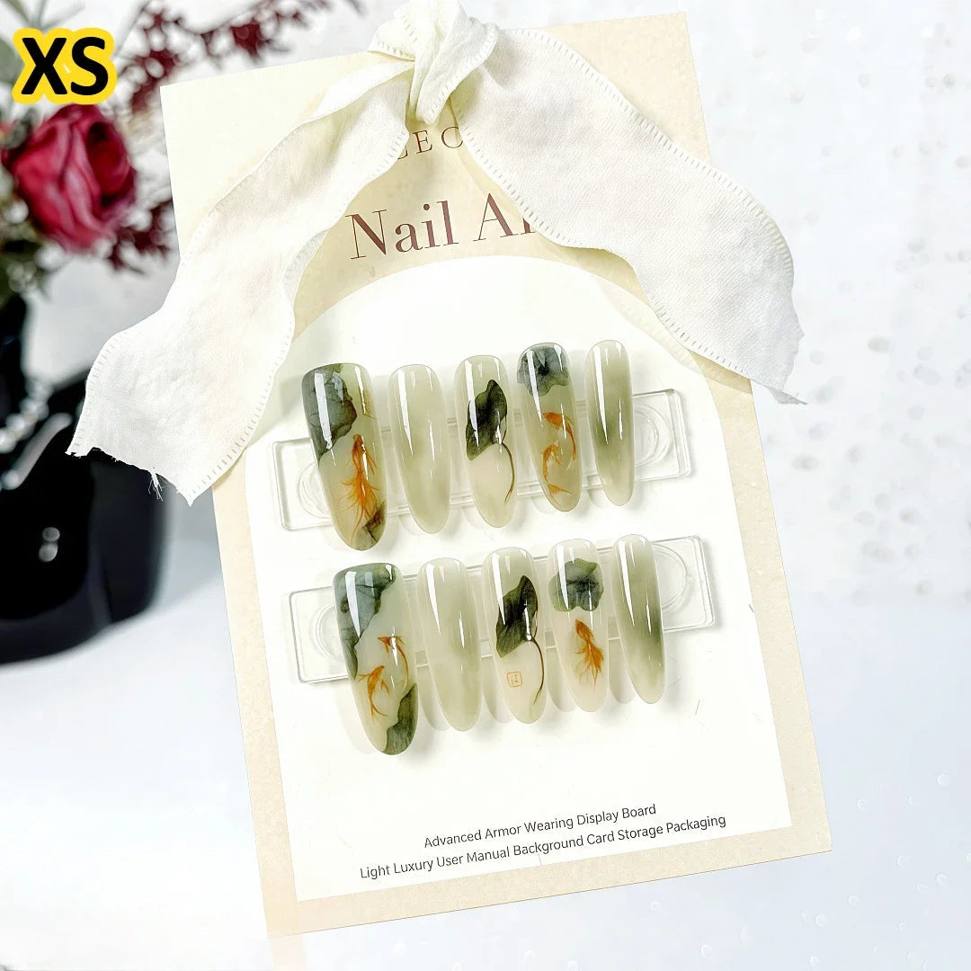 YICKYUE  10Pcs Oriental-Themed Press-On Nails with Lotus Leaf,Koi Fish,Bamboo Patterns Crescent Moon Designs Nail Tips for Women&Girls