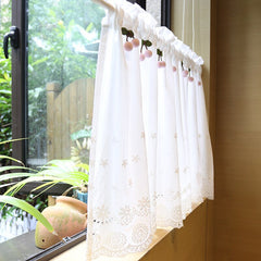 Yickyue  Pastoral White Short Curtains with Cherries French Embroidery Window Valance Curtain for Bathroom Kitchen Cafe Doorway Drapes