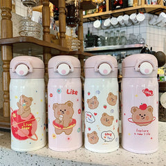 Simple and Cute Strawberry Bear Printing Cartoon Vacuum Flask Student Campus Girl Heart Elastic Cover with Lock Vacuum Flask