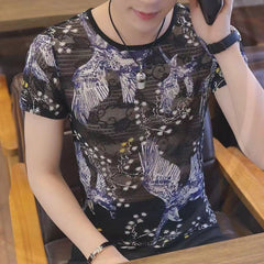Hearujoy Summer New Men Ice Silk Pattern Print Tshirts Short sleeve Ultra-thin Tee Tops Fashion Sexy Hollow Out Elastic Slim Fit T-shirts