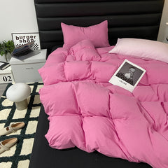 Yickyue Fashion Style Pink,Black 4pcs Bedding Set Luxury Pure Cotton Soft Duvet Cover Comforter Pillowcases Bed Flat Sheet Set for Girl