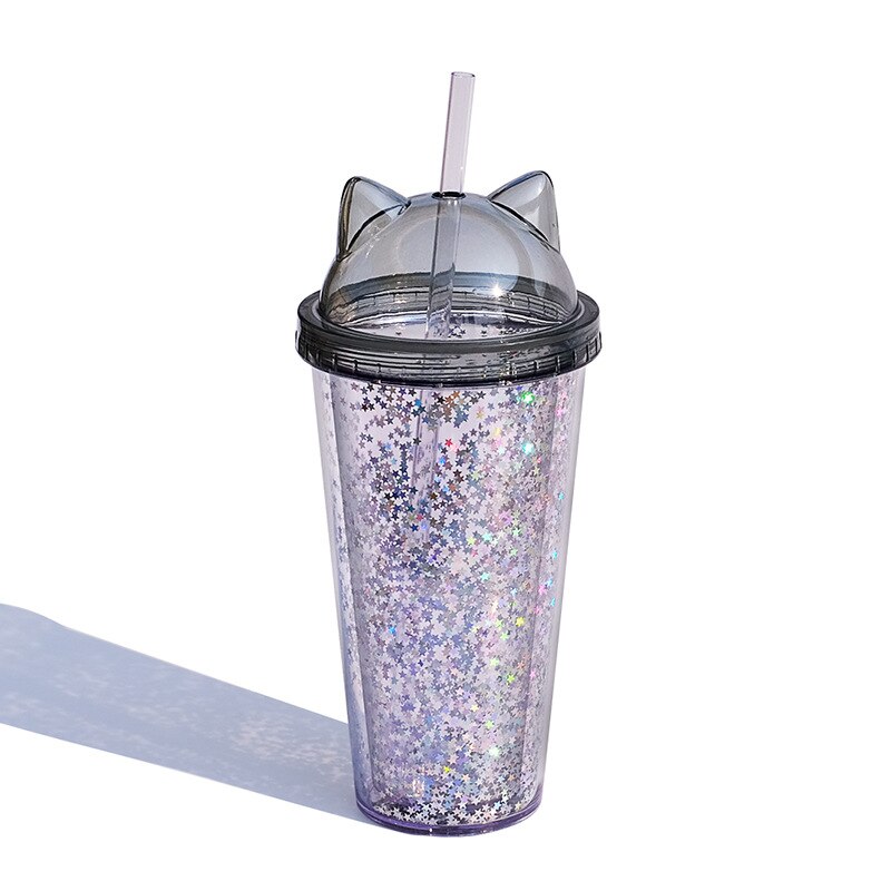 Sequined Cat Ear Plastic Cups BPA Free Water Bottle with Straw Flash Film Double-Layer Straw Cup Reusable Tumbler Cup Coffee Mug