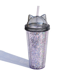 Sequined Cat Ear Plastic Cups BPA Free Water Bottle with Straw Flash Film Double-Layer Straw Cup Reusable Tumbler Cup Coffee Mug
