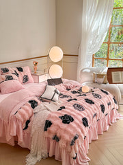 Yickyue French Luxury Faux Fur Warm Bedding Set Princess Style Coral Soft 4 Pieces Bed Sheet Double sided Plush Quilt Cover Fast Ship