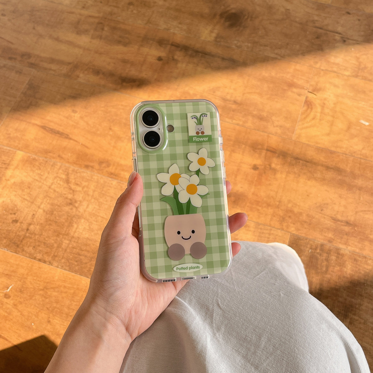 YICKYUE  -  Korean ins Green Grid Patterned Potted Plant Flowers Phone Case for iPhone 16 15 14 13 Pro Max Back Cover Fund