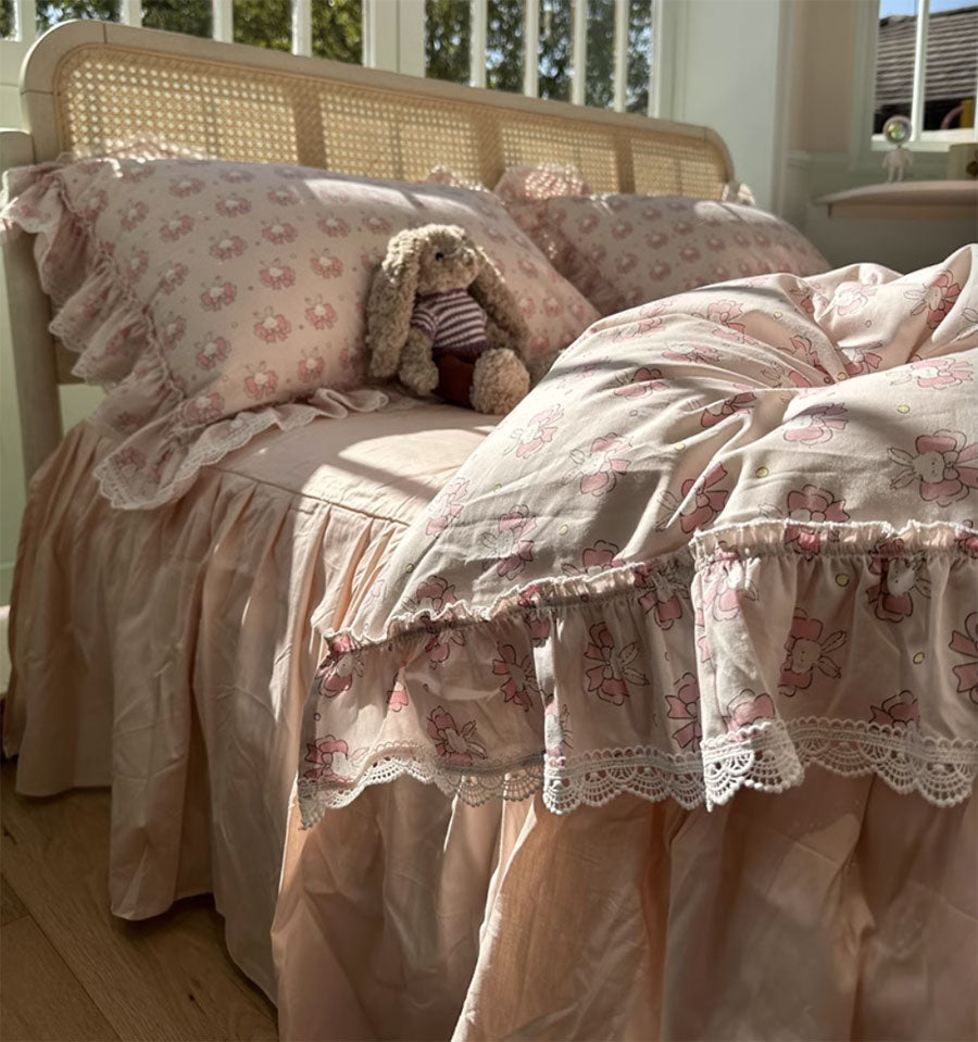 YICKYUE  -  Sweet fairyfair ruffle lace bedding set,twin full queen king rabbit bow cotton home textile bed sheet pillow case quilt cover