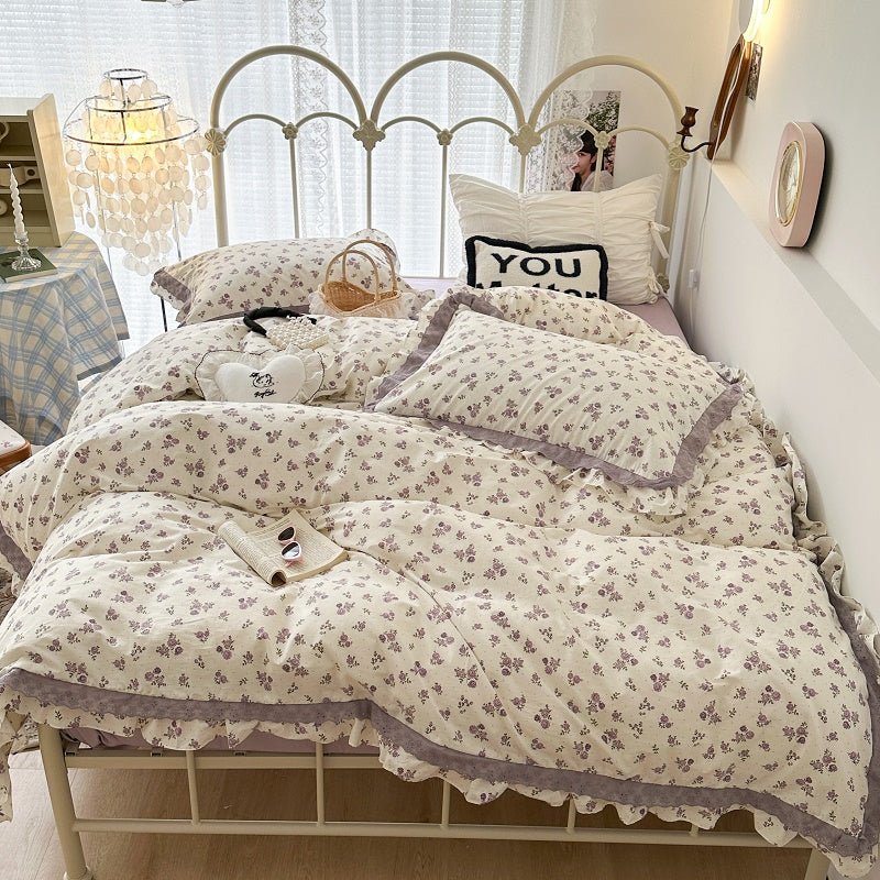 YICKYUE  -  French Small Floral Printed Bedding Set, Double Layer Lace Ruffles, 100% Cotton, Duvet Cover Set, Bed Linen, Pillowcases