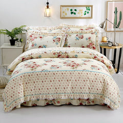 Shabby Pink Floral Elegant Korea Style Ruffles Duvet Cover Bed Sheet Set 4Pcs Queen King size Pink 100%Cotton Girls Bedding set